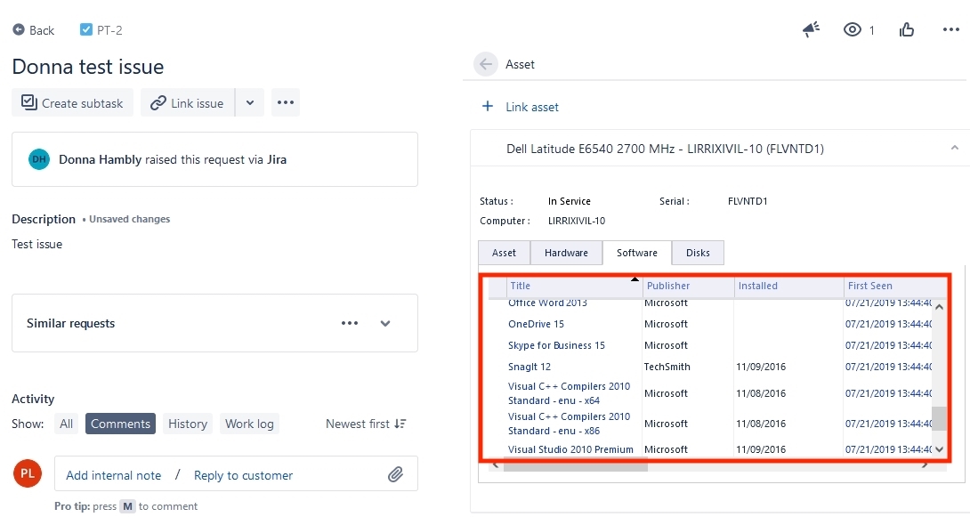 xAssets JIRA Asset Panel Integration - Screenshot